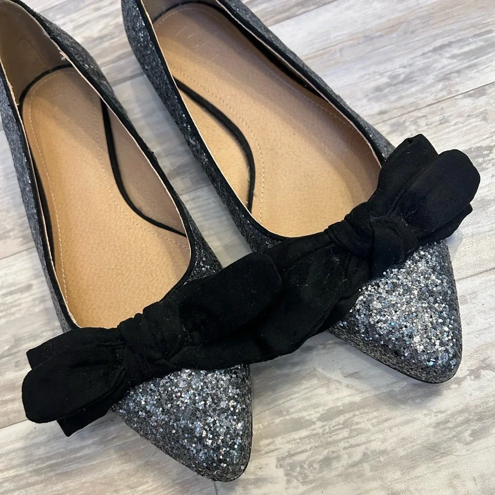 LOFT Silver Glitter Sparkle Flats with Black Velvet Bows - Picture 3 of 9